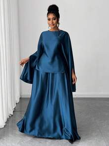 Maweii 大码优雅通勤纯色斗篷袖衬衫和加长裙两件套 - 藍色 - 查看 2