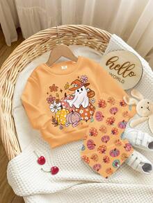 SHEIN 南瓜、叶花、可爱鬼魂图案柔软厚针织圆领长袖卫衣和紧身裤套装，适合秋冬外出、街头风格、居家、万圣节派对、女婴 - 彩色 - 查看 3