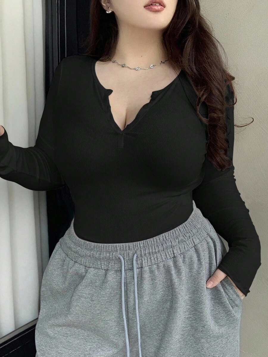 Dazy Plus 加大码纯色纽扣门襟半开领长袖 T 恤，秋季服装 - 黑色 - 查看 1