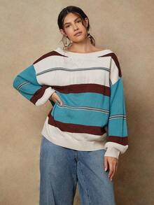 SHEIN VCAY Plus Size Women Boat Neck Striped Drop Shoulder Long Sleeve Casual Loose Knit Sweater, Autumn/Winter