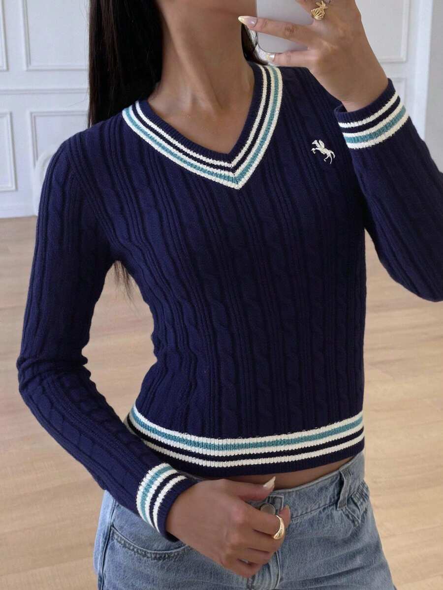 SHEIN 青少年女孩海軍藍V領基礎休閒套頭毛衣,對比色,返校學院風,秋季畢業運動秋冬款 - 藏蓝色 - 查看 1