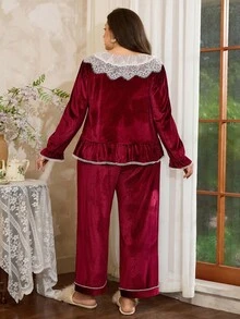 Côtesoire Conjunto de pijama de manga larga con parches de encaje de color contrastante, elegante y de talla grande, ropa de otoño - Burdeos - Ver 2