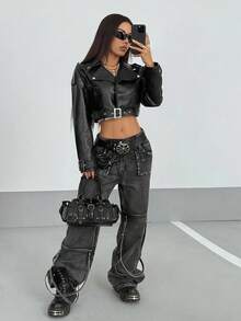 StreetHx 时尚纯色短款夹克配腰带 - 黑色 - 查看 1