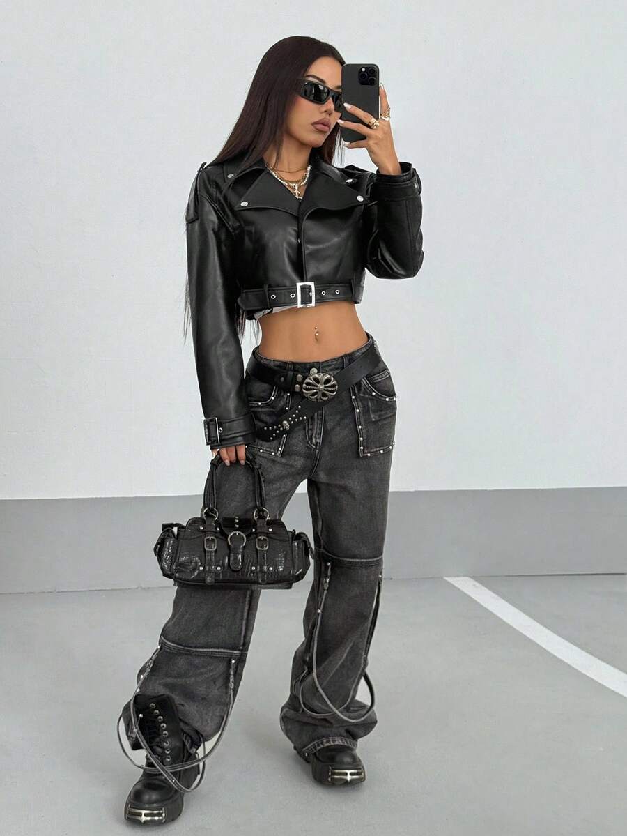 StreetHx 时尚纯色短款夹克配腰带 - 黑色 - 查看 1