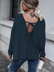 SHEIN Essnce 秋季休闲纯色蝙蝠袖后系带T恤 - 藏蓝色 - 查看 2