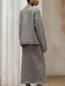 Aveloria Modichic 2pcs/Set Autumn/Winter Slouchy Long Sleeve Crew Neck Sweater & Bodycon Skirt Set - Camel - View 7