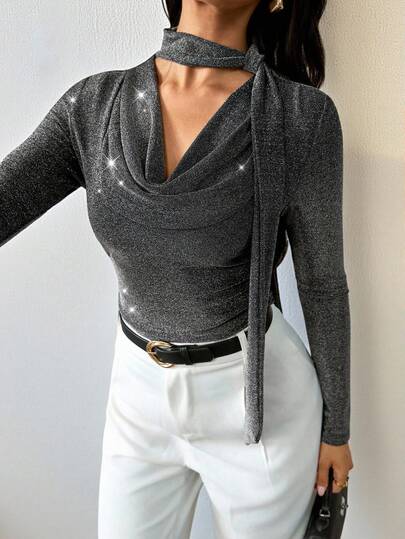 Chiquease Women's Elegant Solid Color Draped Collar Glitter Knit Fabric Fitted Long Sleeve Top, Suitable For Party/Everyday Wear, Black, Sexy Piece, Autumn/Winter Undershirt Gray Tops For Women Top With Scarf Wrap Tops For Women Grey Tops For Women Cowl Neck TopWomen's Autumn Clothingautumn Fall Clothes For Women Fall Autumn Clothes Fall Outfits For Women Autumn Outfits For Women Fall Clothes Autumn Women  Fall Women Clothes Autumn Clothing Elegant Fashionable Casual Commuting Business Office Daily Leisure All-Match Temperament Urban Teacher Professional Attire