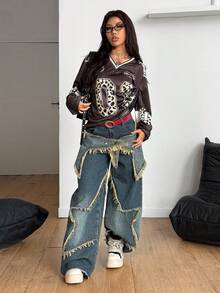 Coolane Women's Fall Streetwear Y2K Sport Leopard Print Number Graphic Football Long Sleeve V-Neck Jersey T-Shirt - Multicolor - View 2