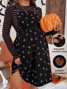 SHEIN 2件套孕妇条纹圆领长袖T恤和南瓜印花吊带裙 - 彩色 - 查看 1