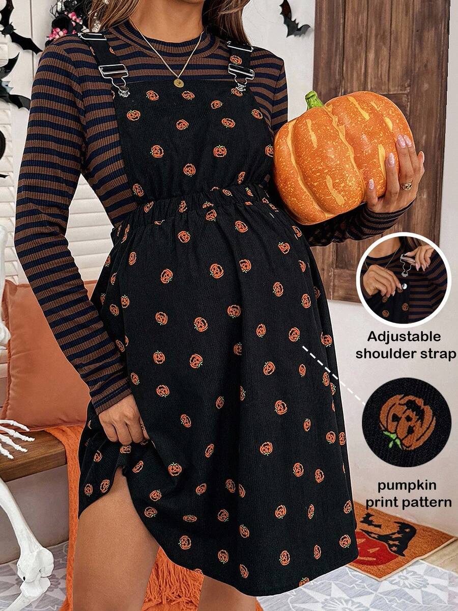 SHEIN 2件套孕妇条纹圆领长袖T恤和南瓜印花吊带裙 - 彩色 - 查看 1