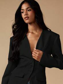 MISSGUIDED Boxy Fit Professional Slim Fit Blazer With Structured Shoulders Deep V Neck Single Button Front Long Sleeve Office Business Formal Wear Fall Winter Collection - Black - View 4