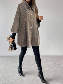 LanaWest 女士灰色可追溯格子面料高领翻领金属纽扣设计宽松下摆 3/4 袖优雅经典感恩节万圣节街头休闲波西米亚风秋冬新款时尚宽松羊毛夹克 - 灰色 - 查看 3