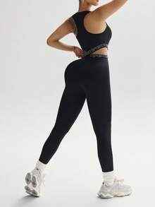 Dewbera Bộ đồ liền thân thể thao dành cho nữ, cổ chữ U, eo chun, lưng chéo, dài 3/4, phù hợp mặc hàng ngày, chạy bộ, yoga, tập gym - màu đen - Xem 3