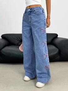 女童粉色蝴蝶结刺绣牛仔裤 - 中等水洗藍 - 查看 3