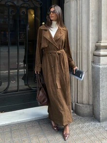 Aloruh 女款秋冬新款绒面抓绒棕色长款风衣双排扣立领配腰带宽松袖口中袖外套 - 棕色 - 查看 9