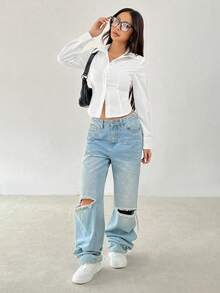 SHEIN EZwear Plus Size White Fitted Casual Shirt, Minimalist & Fashionable For Daily Wear - White - View 6