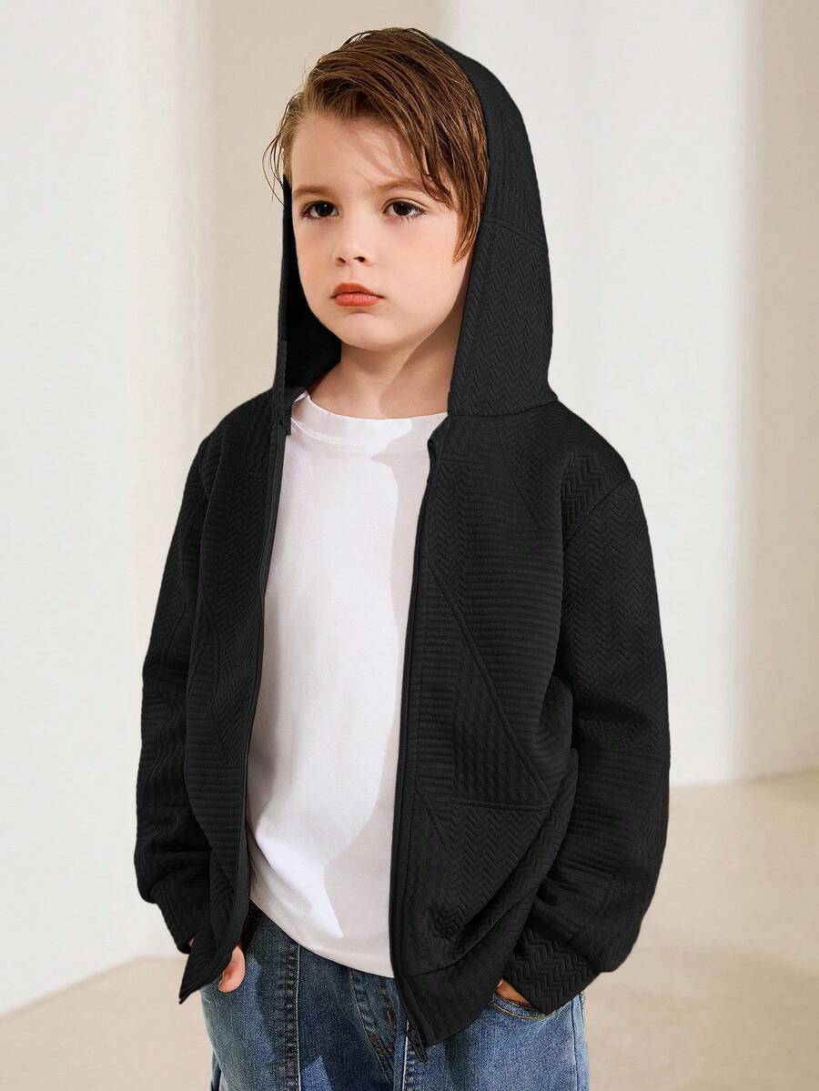 儿童/青少年男孩休闲日常百搭舒适拼接连帽长袖开衫夹克 - 黑色 - 查看 1