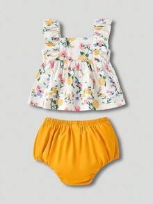 Joliand Joliand 2 件女婴优雅花卉印花背心上衣和黄色短裤套装，适合日常、居家、户外、海滩和夏季 - 彩色 - 查看 2