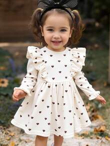 LMoss Kids LMoss Baby Girl Woven Heart Pattern Ruffle Hem Round Neck Casual Dress Baby Girl Long Sleeve Dress Baby Girl Dress Heart Print Dress Baby Heart Dress Baby Cream Dress Fall Winter - Apricot - View 4