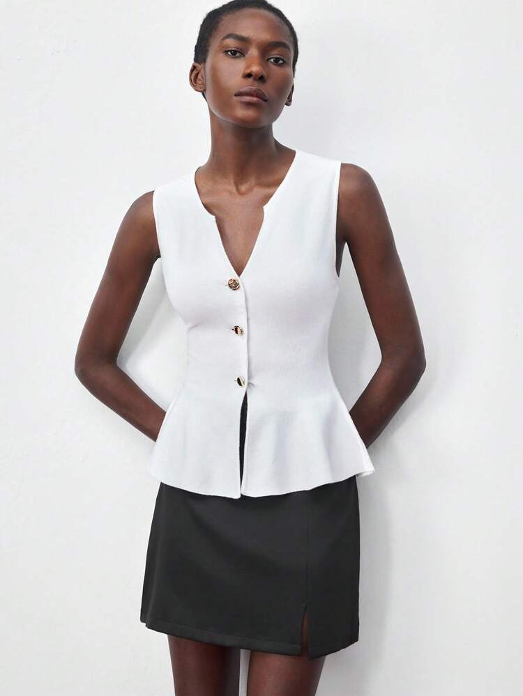 SHEIN Maija Women's Casual Solid Color Front Button Closure Sleeveless Knit Top Elegant Women's Blouses White