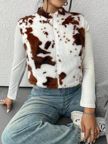 SHEIN EZwear 秋冬大码奶牛印花短款夹克 - 咖啡棕 - 查看 4
