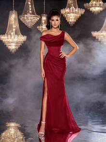 Glamrae 简约红色褶饰透明下摆正式晚礼服 - 紅色 - 查看 4