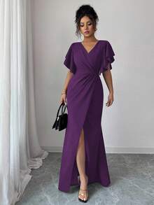 Elenzga Carnival Purple Ruffle Sleeve V-Neck Waist Fitted Mermaid Hem Elegant Romantic Women Dress, Teachers' Day - Purple - View 3