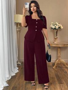 Auvina 大码女装休闲优雅方领纯黑色别致通勤衬衫外套+腰部收紧设计宽松长款直筒裤时尚休闲套装，高端阔腿裤 - 酒紅色 - 查看 7