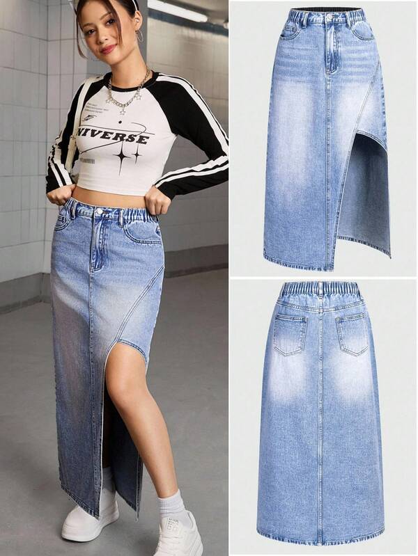 Teen Girls Blue Asymmetrical Hem Distressed Washed Denim Skirt,Autumn Streetwear,Y2K Chic Back-To-School Graduation Style,Retro Cotton Casual Skirts
