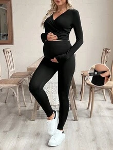 SHEIN 2 pièces Ensemble de sport de maternité, Top à manches longues col V avec croisement et nœud, imprimé papillon et pantalon slim de soutien pour le ventre - Noir - Voir 3