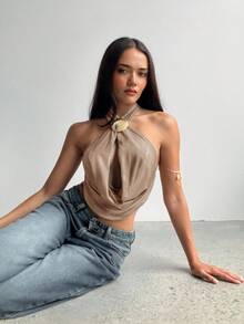 Aloruh Women's Sexy Elegant Criss-Cross Plunge Neck Hollow Out Tie-Dye Print Backless Cami Top - Mocha Brown - View 4