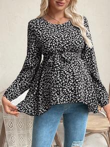 SHEIN Nursing Top, Long Sleeve, Round Neck, Left & Right Zipper On Chest, Waist Tie Bow, Asymmetrical Hem, Printed Design