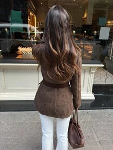 Aloruh Women's Fall/Winter Elegant Round Neck Fitted Plaid Tweed Blazer With Belt, Autumn/Winter,Winter Jacket Women,Winter Coat For Women,Business Casual Woman,Brown Blazer,Cozy Fall And Winter Clothes For Women - Khaki - View 4