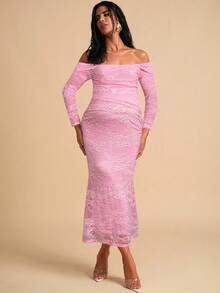 MaterniChic Elegant Party Solid Color Lace Off-Shoulder Maternity Dress - Pink - View 3