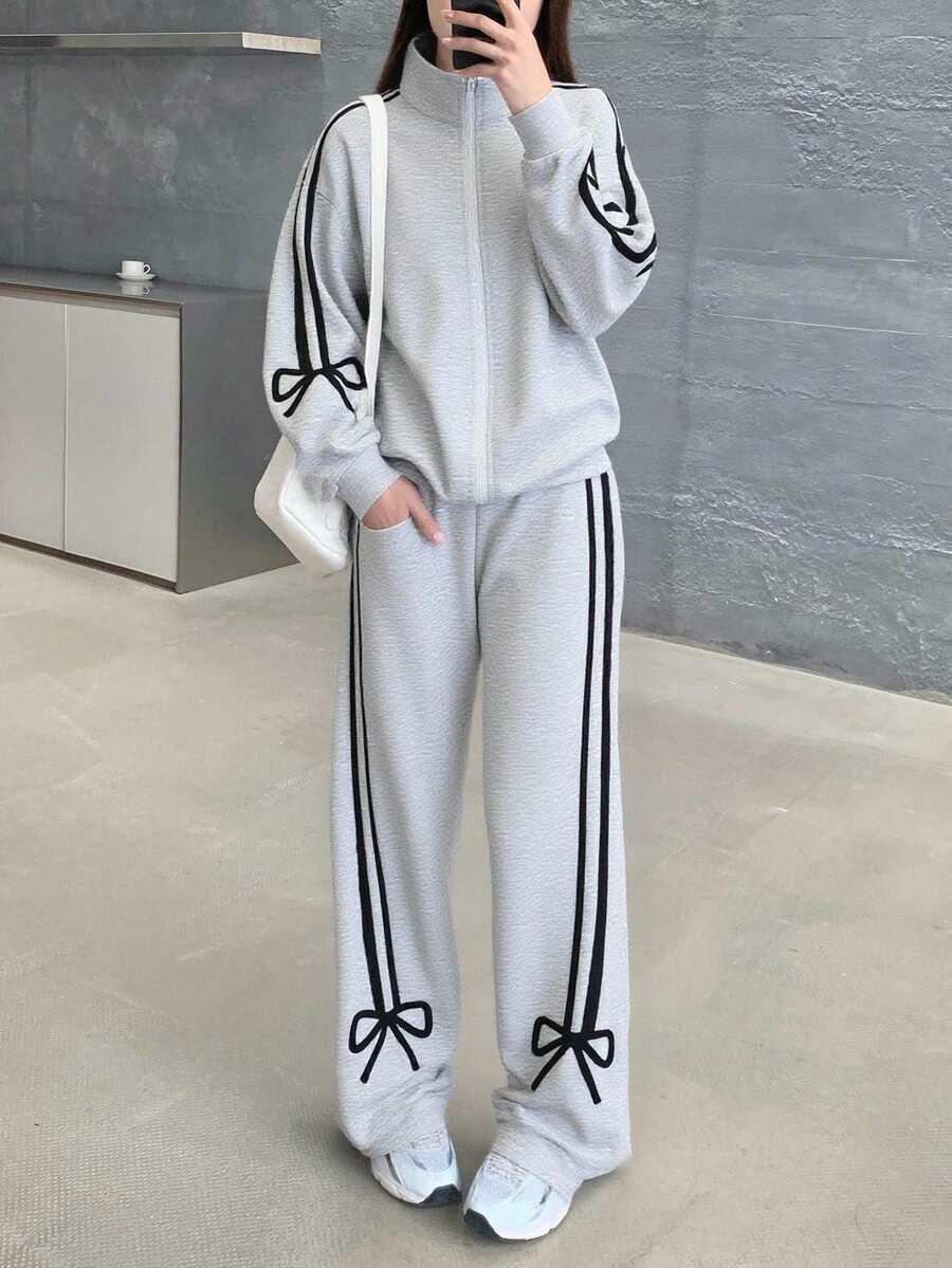 少女针织纯色撞色滚边开衫和阔腿裤休闲套装 - 灰色 - 查看 1
