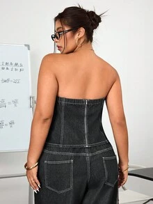SHEIN Unity 大码女式街头风格松紧腰牛仔上衣 - 灰色 - 查看 2