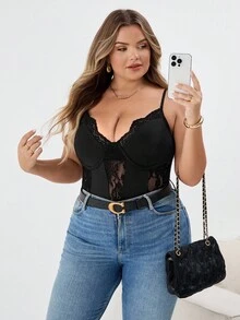 SHEIN CURVE+ Plus Size Women Halloween Lace Sexy Bodysuit/Autumn /Winter - Black - View 7