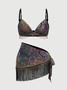 ROMWE Bộ bikini 2 mảnh họa tiết Paisley in hình lễ hội âm nhạc phương Tây phong cách Hippie cổ điển dành cho nữ, viền tua rua đính cườm và khăn sarong buộc dây - Nhiều màu - Xem 1