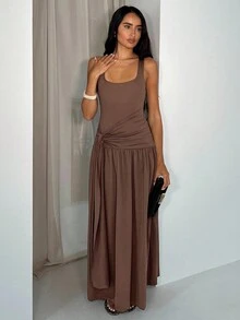 Glamine 棕色无袖露肩不对称褶皱长裙，女士生日服装，约会晚礼服，婚礼宾客礼服，音乐会服装，返校服装，初秋服装 - 咖啡 - 查看 5