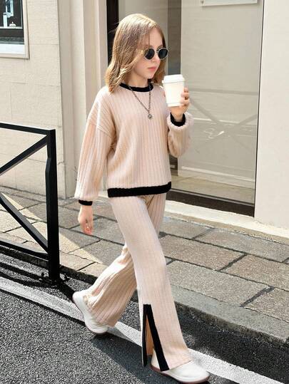 SHEIN Serisse Kids Tween Girl Contrast Ribbed Long Sleeve Loose T-Shirt And Flare Pants 2 Pieces Set