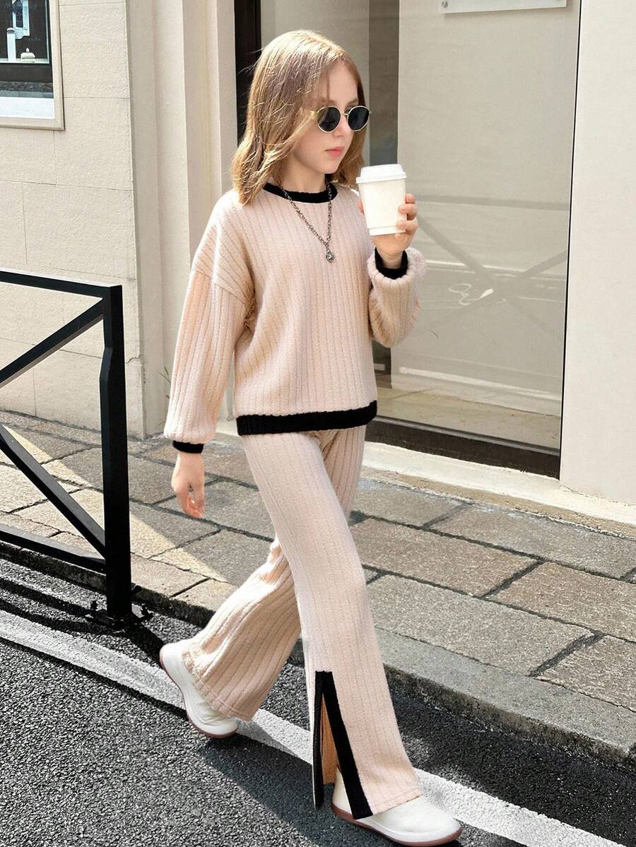 SHEIN Serisse Kids Tween Girl Contrast Ribbed Long Sleeve Loose T-Shirt And Flare Pants 2 Pieces Set