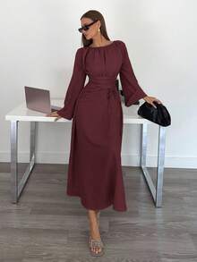 Siren Gaze Women's Brown Round Neck Bell Sleeve Waist Tie Elegant Dress, Back To School Outfit, Country Concert Outfit, Business Casual Women's Outfit, Women's Teacher Outfit, Women's Date Night Outfit, Birthday Outfit, Women's Brunch Outfit, Western Outfit, Business Casual Women's Outfit Siren Gaze New Women's Fashion Striped Ruched Waist Dress Brown Dress Winter Christmas Party Chic Red Evening Dress Burgundy - Burgundy - View 4