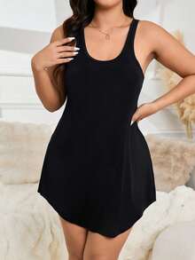 Plus Solid Racer Back Pajama Nightdress - Black - View 4
