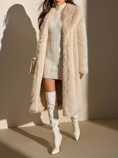 CLARA VERO Luxurious Faux Fur Maxi Coat, Winter Fashion Statement Piece, Cozy, Soft Texture Outerwear For Holidays, Special Occasions Cream Outfit Women Winter Dress Fluffy Dress Women Luxury Clothes For Women