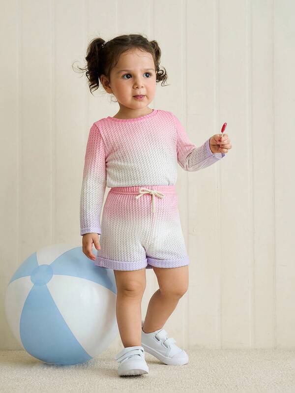 Joliand Joliand 2 件女婴优雅都市可爱渐变橙色图案长袖上衣和橙色短裤套装，适合休闲、日常、旅行、聚会、派对、夏季