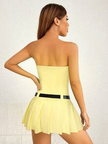 SHEIN PETITE Váy ngắn mùa hè ống xếp ly viền ống liền thân có thắt lưng - Vàng nhạt - Xem 2