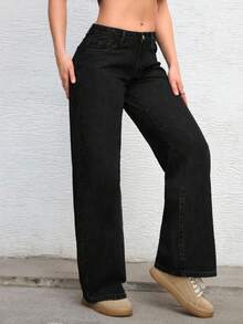 SHEIN Unity Plus Size Women's Fashionable Solid Color Straight Loose Y2K Distressed Baggy Jeans - Black - View 6