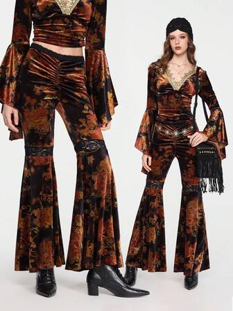 Hippie Pantalones acampanados de terciopelo con estampado floral vintage, otoño/invierno