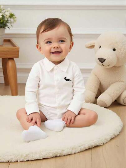 SHEIN Playful Pals Baby Boy Dinosaur Embroidery Button Front Shirt Bodysuit