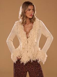 SHEIN BAE Áo khoác cardigan tua rua tay loe màu trơn dành cho nữ - Màu be - Xem 4